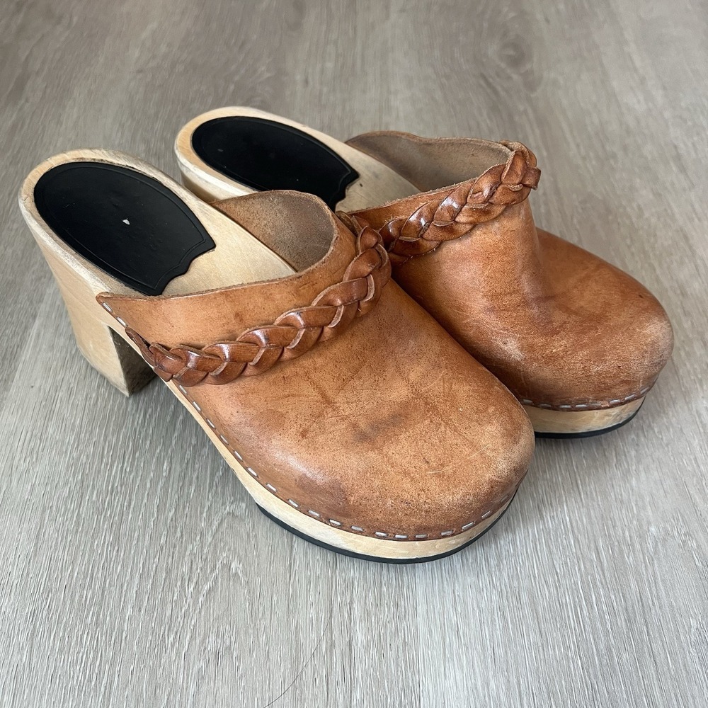Swedish Hasbeens Laila Braided Leather Platform Clog Mules Wood Heel Sz 36 / 5.5